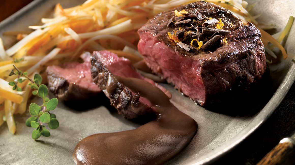Beef medallions with red wine and dark chocolate sauce