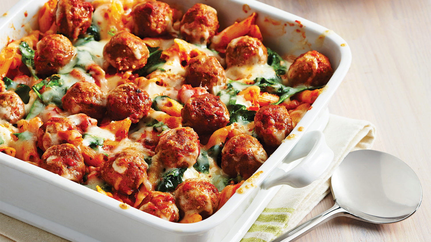 Easy Spinach & Meatball Pasta Bake