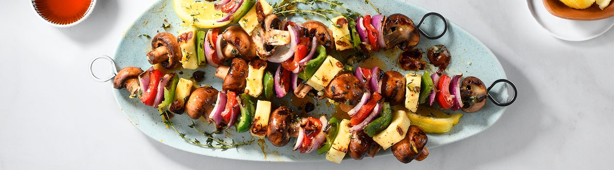 Grilled Cremini Mushroom and Halloumi Skewers
